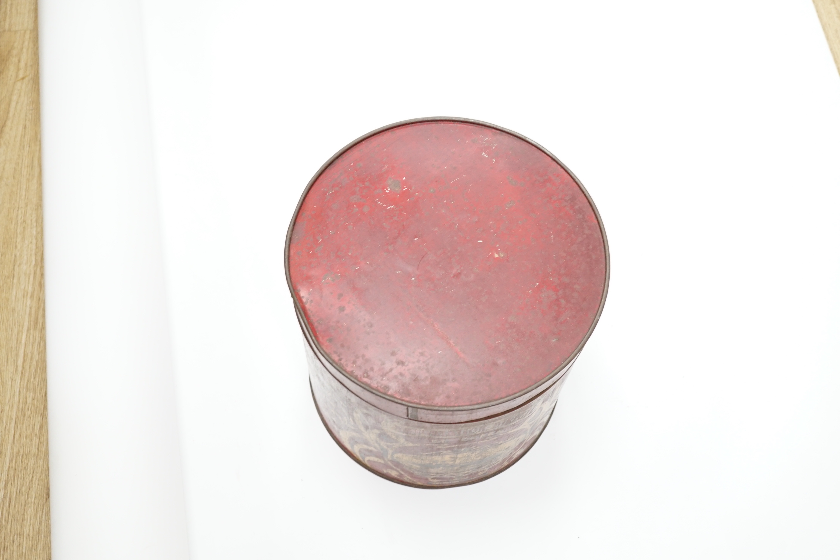 A cylindrical French Toleware coffee tin, 31cm high